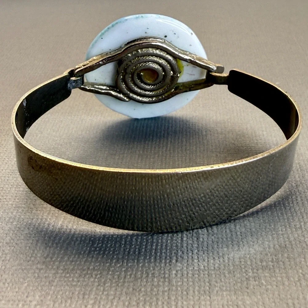Vintage Millefiori Murano Glass Silver Tone‎ Cuff Bracelet Blue Floral Statement